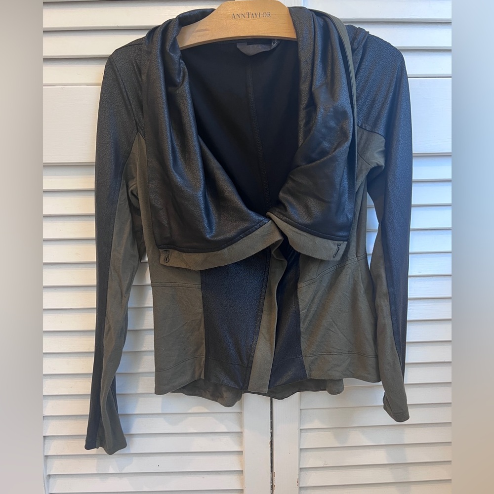 Jessica Simpson Olive Green and Black Mixed-Media Drape Front Jacket